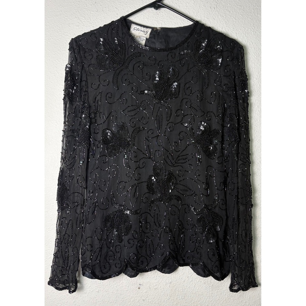 Stenay Vintage Black Silk Beaded Sequin Floral Long Sleeve Blouse Scallop Hem S